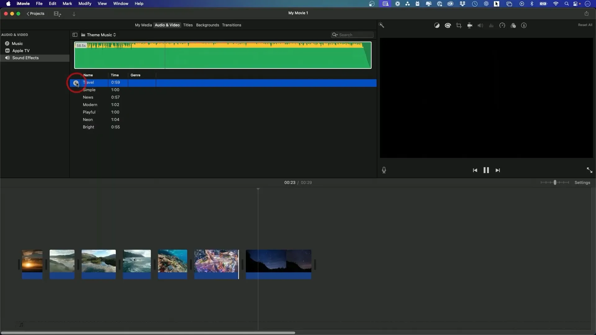 Selecting travel song in iMovie