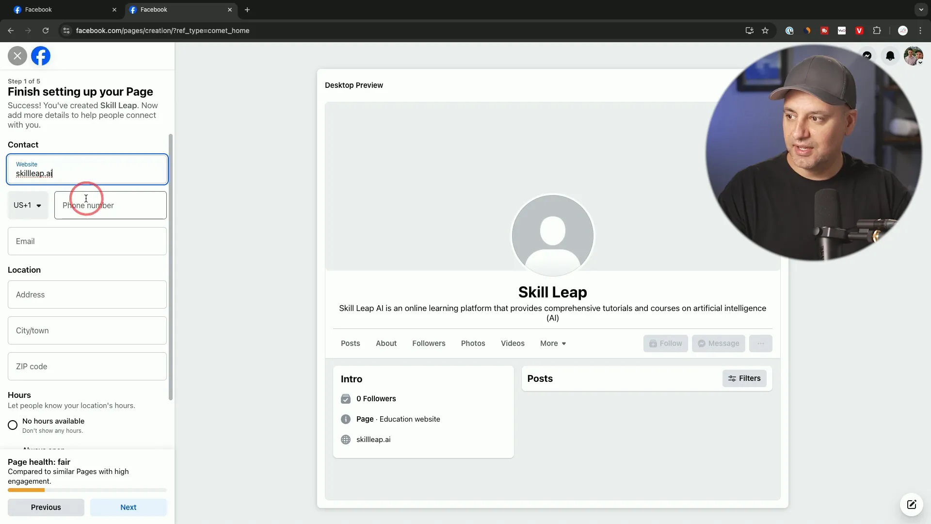 Filling out contact details for Facebook business page