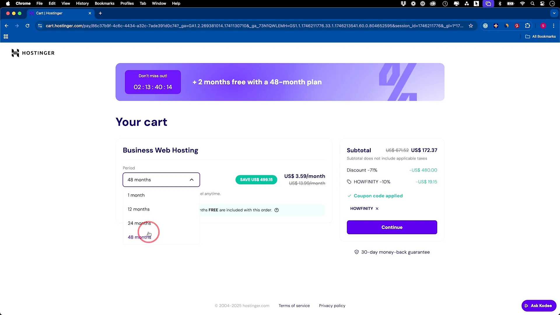 Selecting a hosting plan on Hostinger