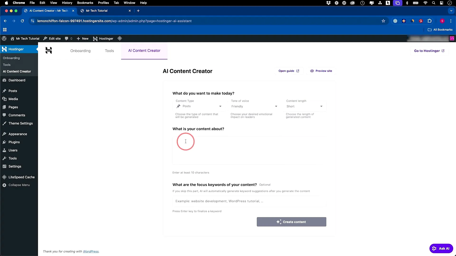 AI content creation tool in Hostinger