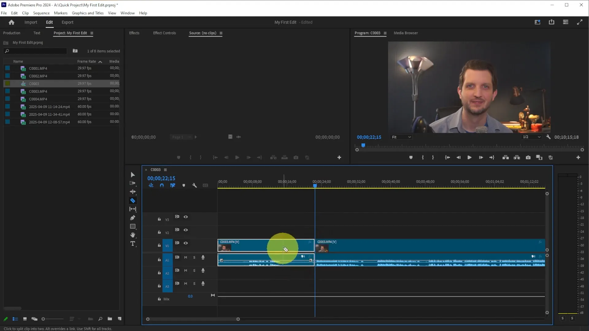 Cutting video clips in Adobe Premiere Pro