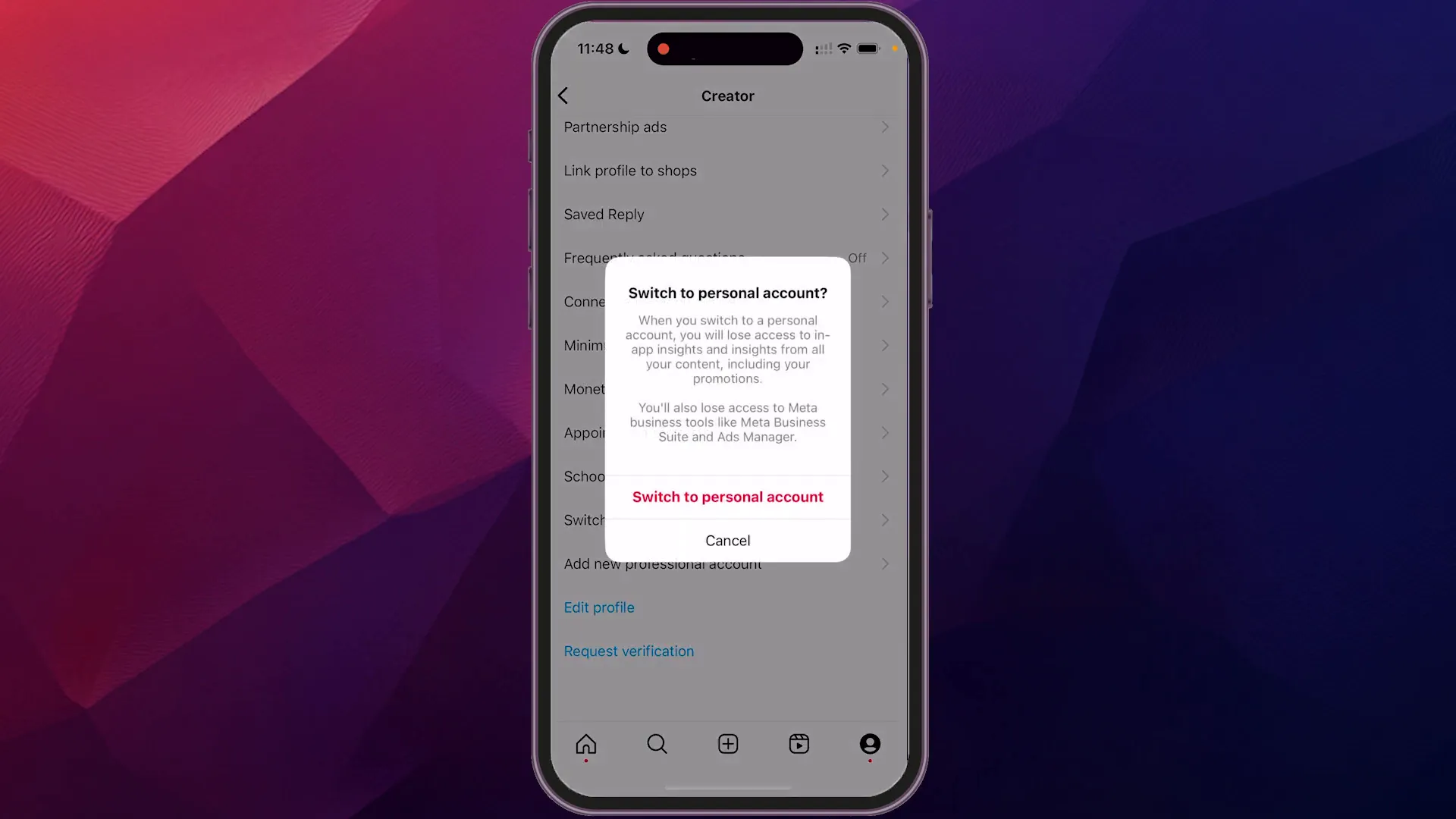 Confirmation box for switching account types