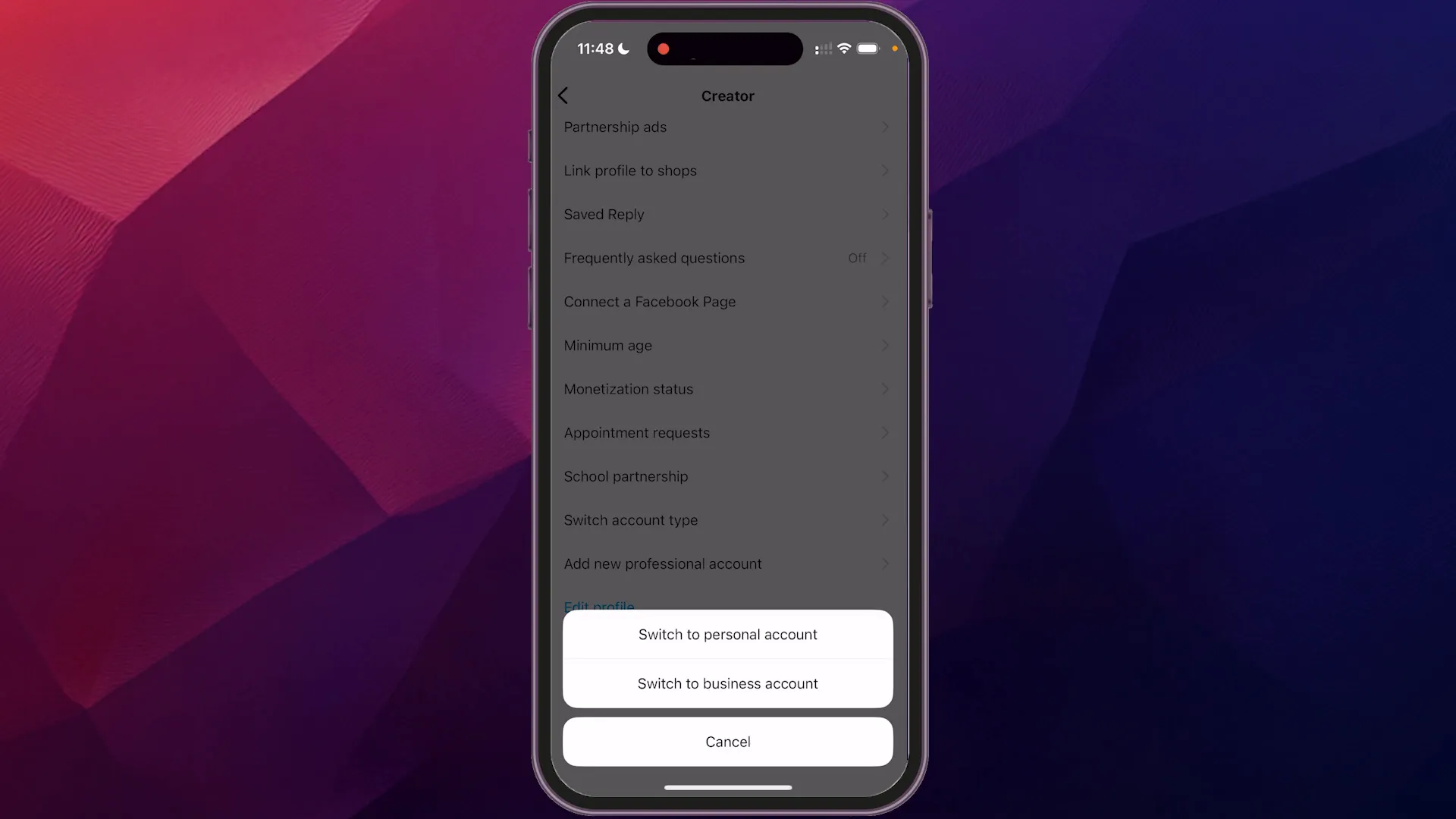 Options to switch account types