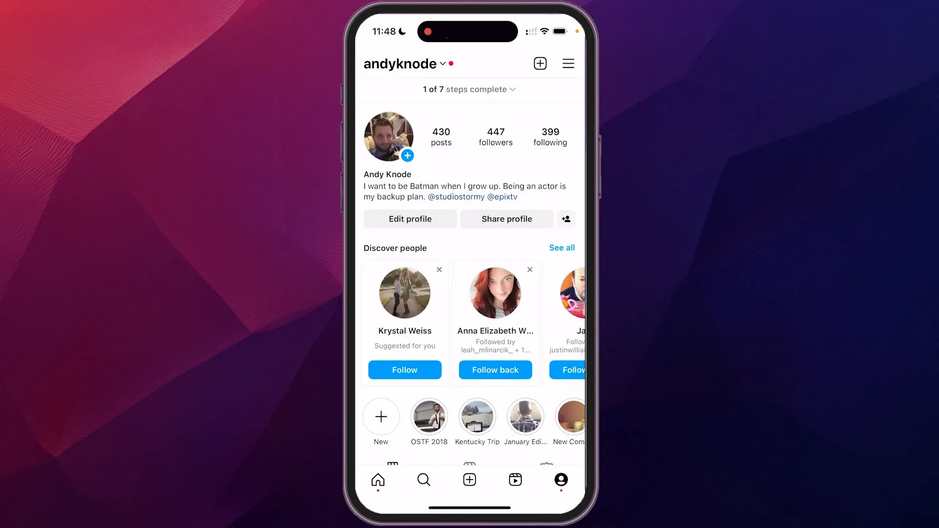 Profile after switching back to personal account