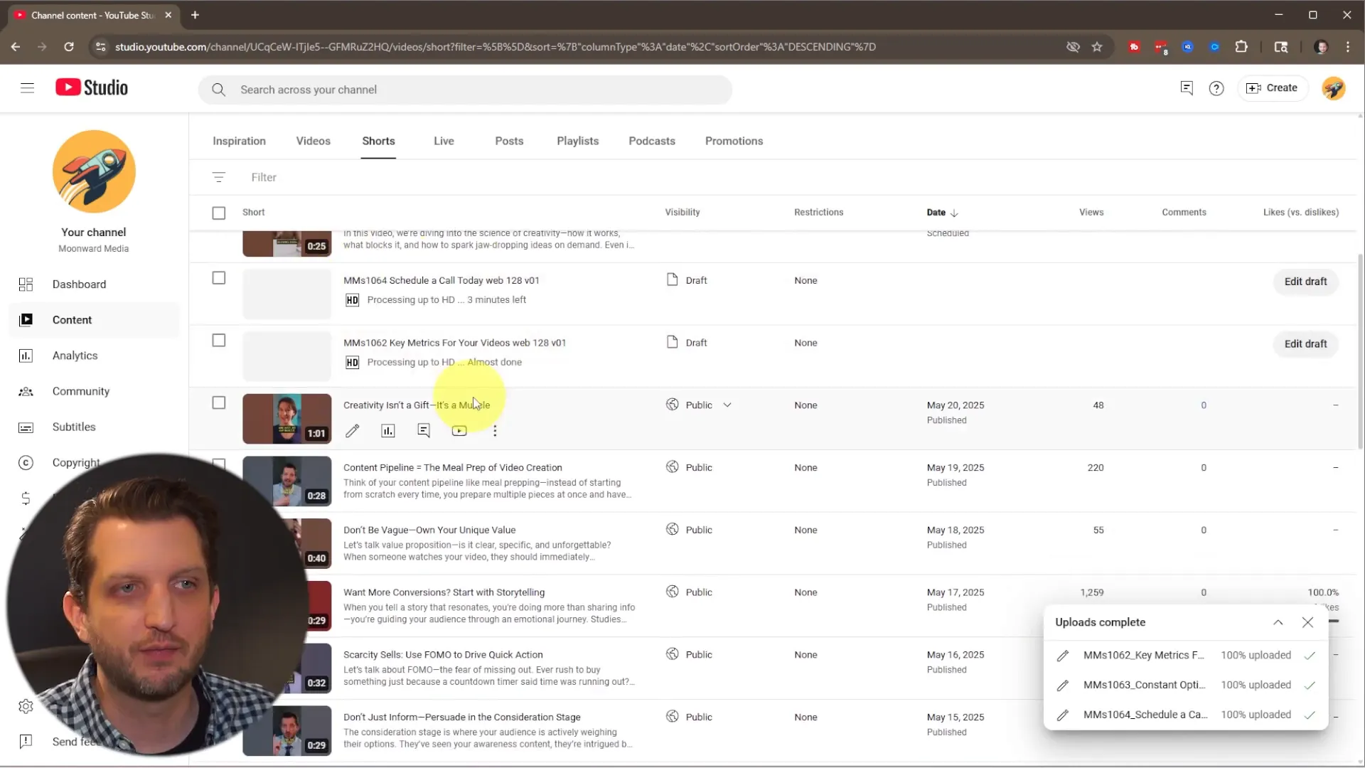 YouTube Studio shorts category with uploaded videos in draft mode