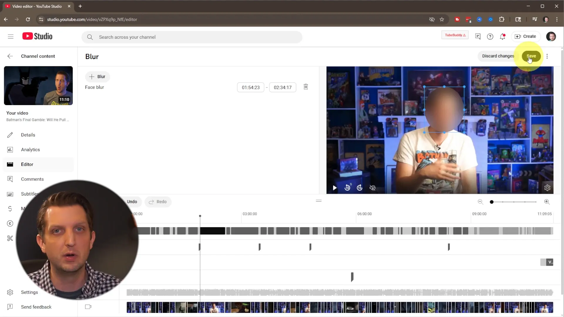 Save button in YouTube editor to apply blur changes