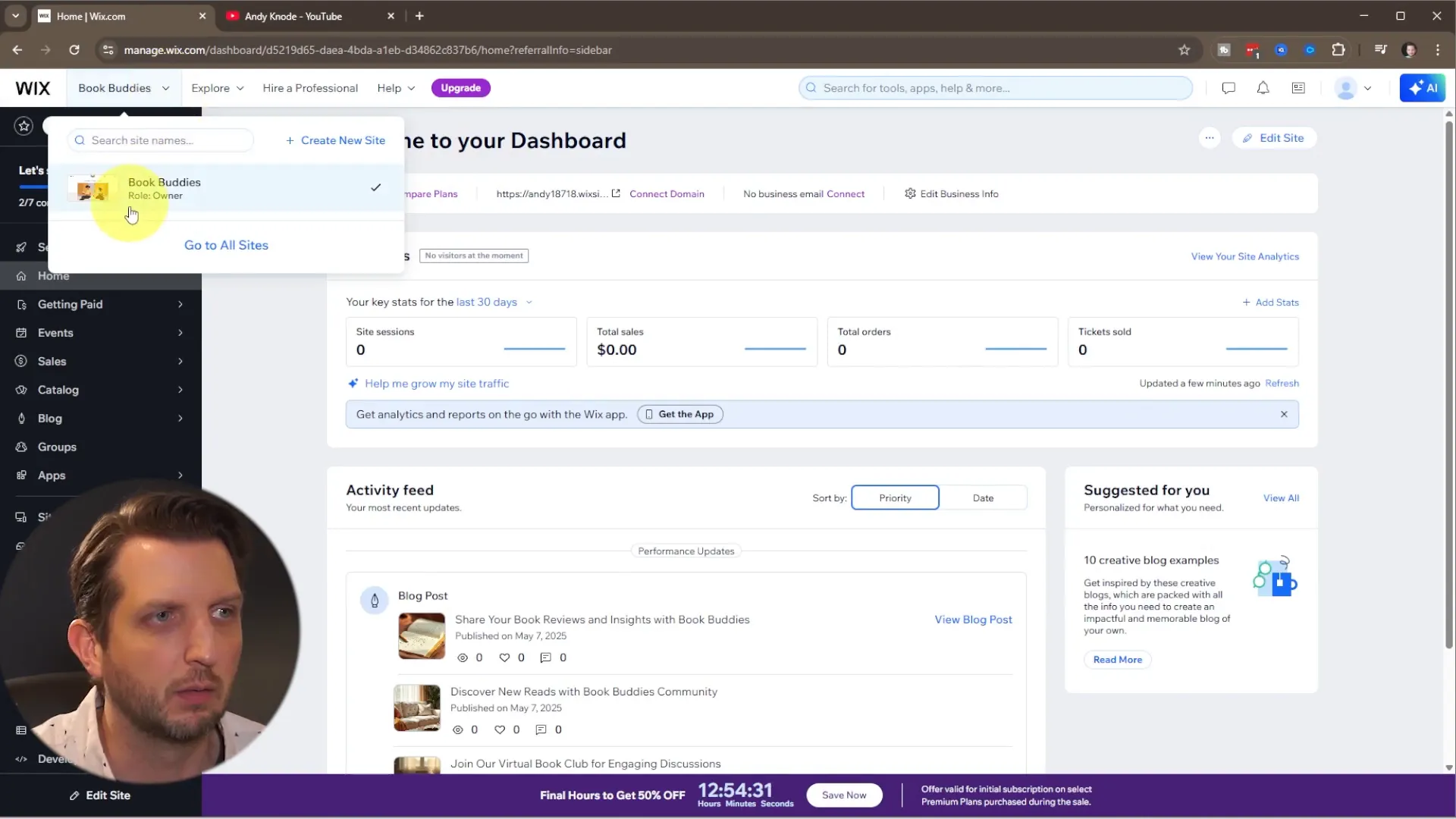 Wix dashboard showing existing websites and create new site button