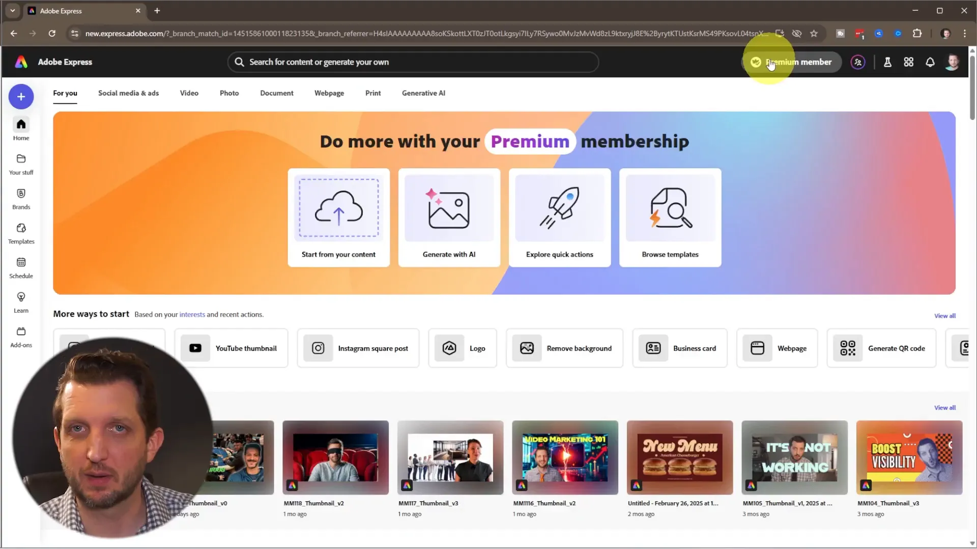Adobe Express dashboard showing creative project options