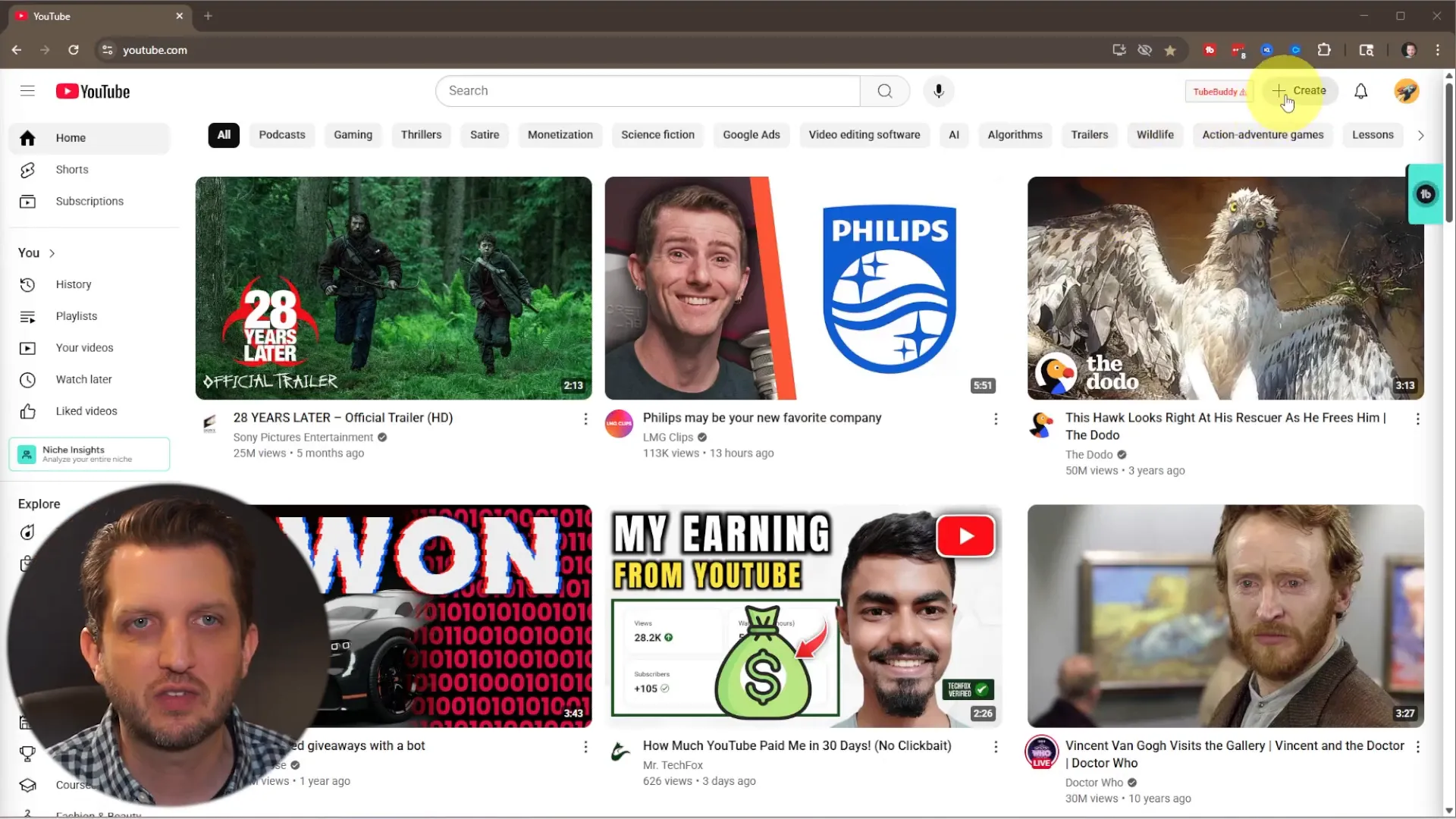 YouTube create button and upload video option on PC