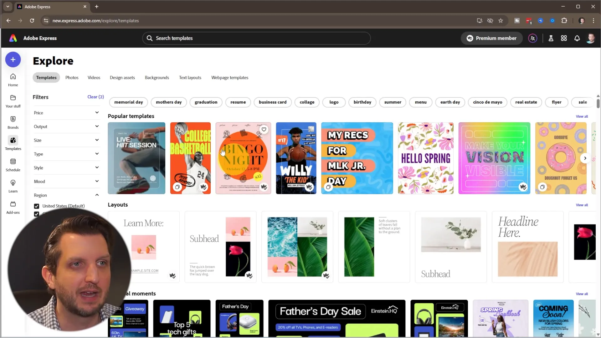 Browsing YouTube banner templates in Adobe Express