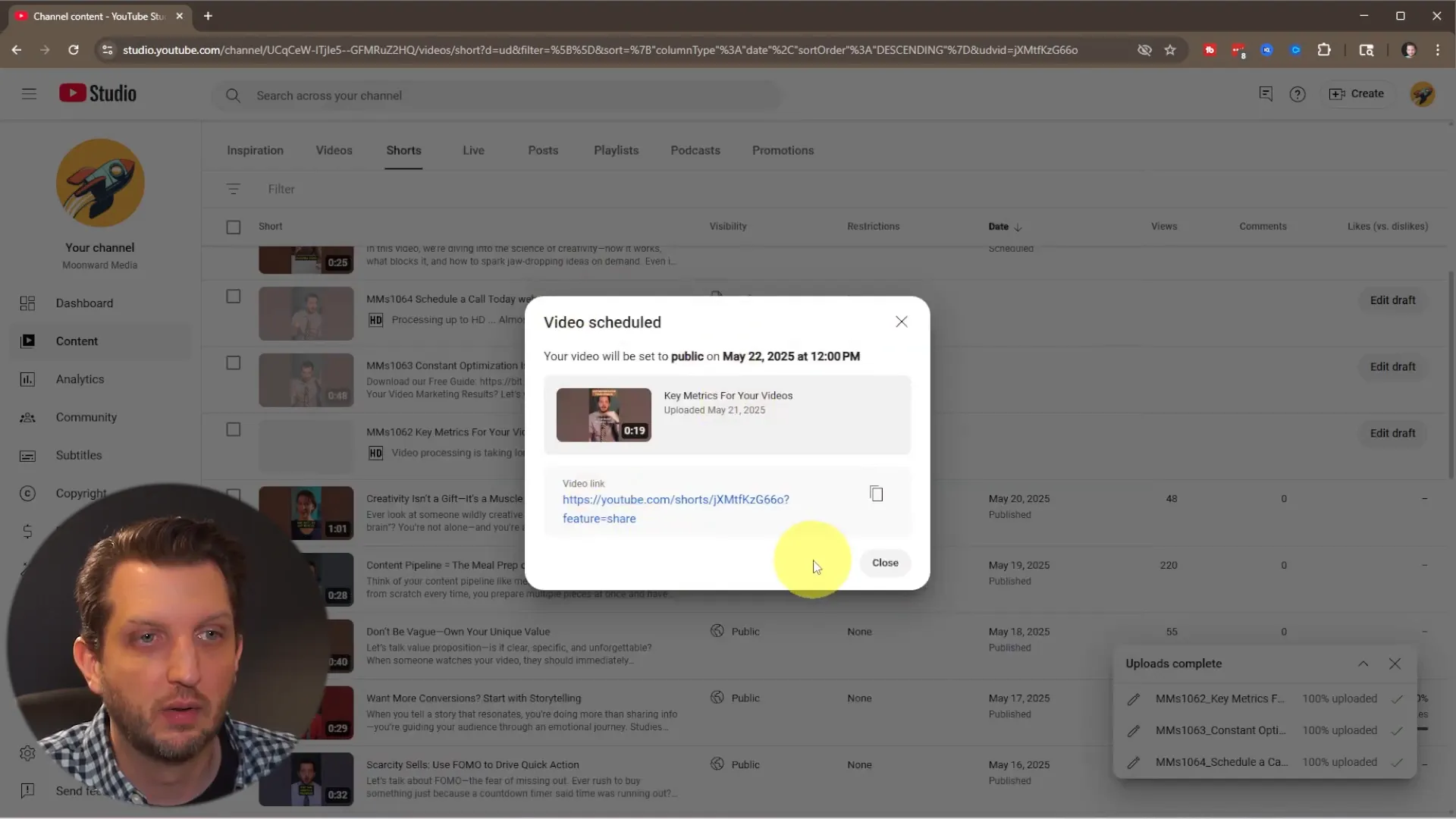 YouTube Shorts scheduled and ready to publish
