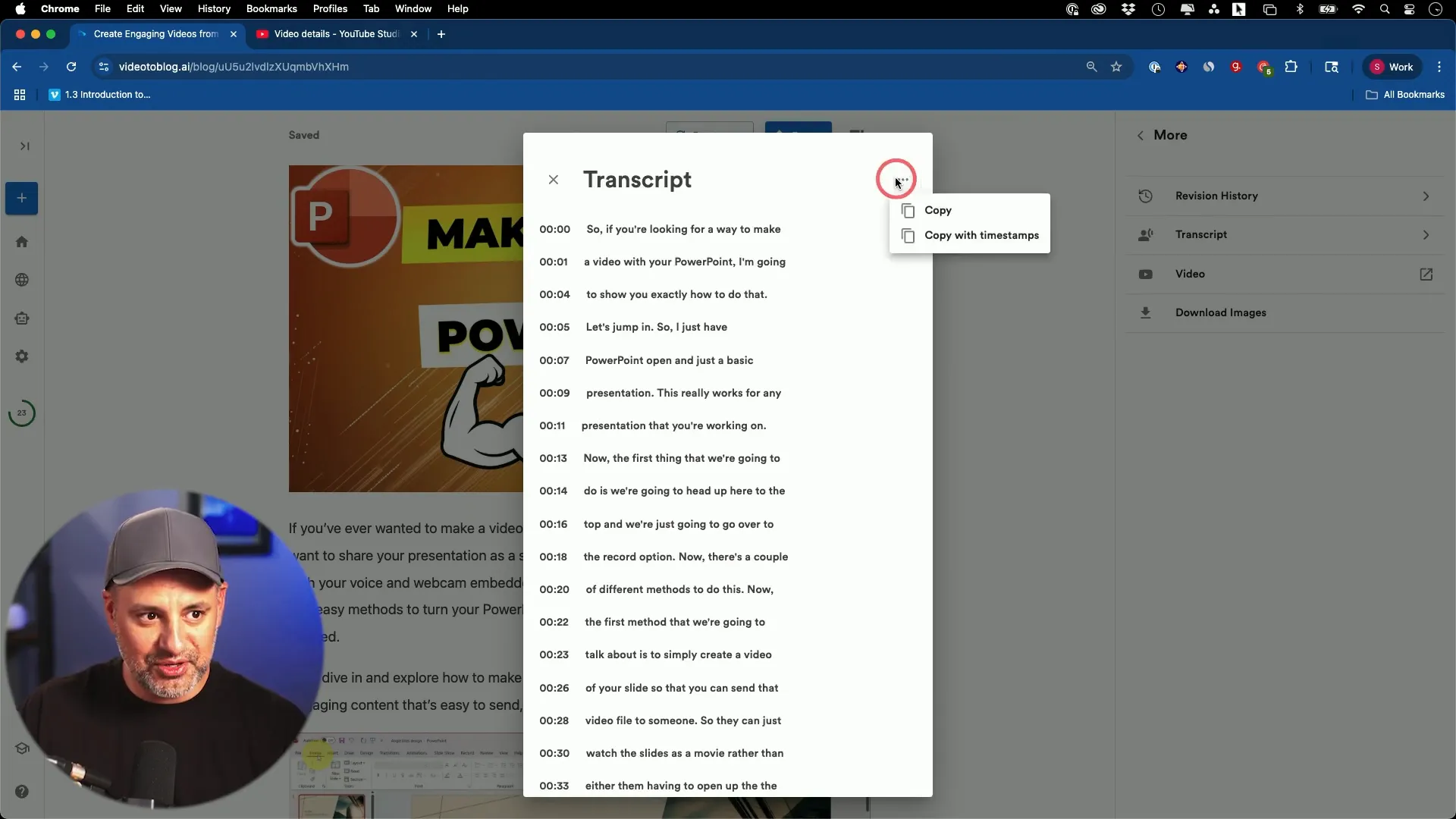 Video transcription feature in Video to Blog