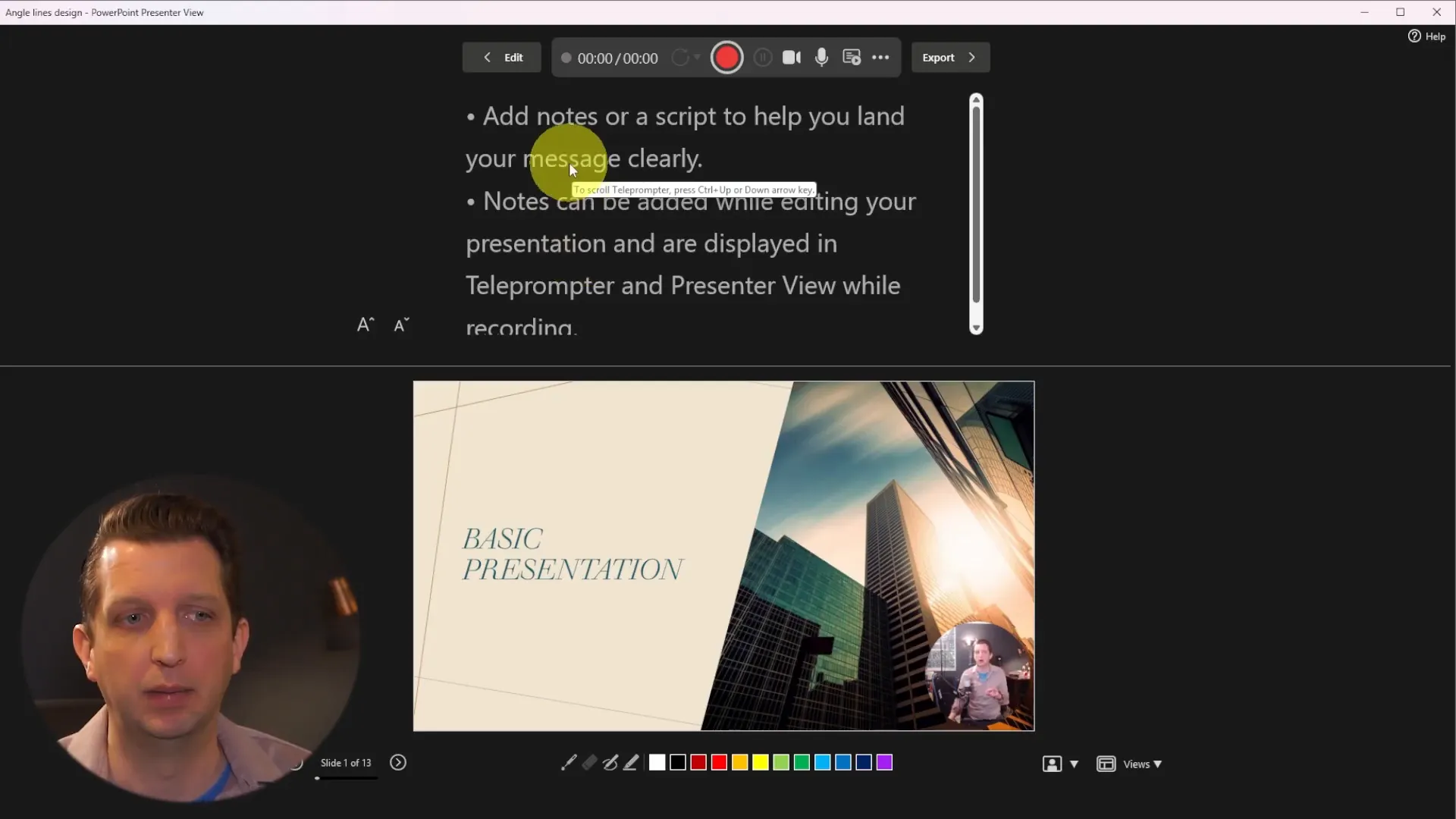 Recording interface showing slides, notes, and webcam preview