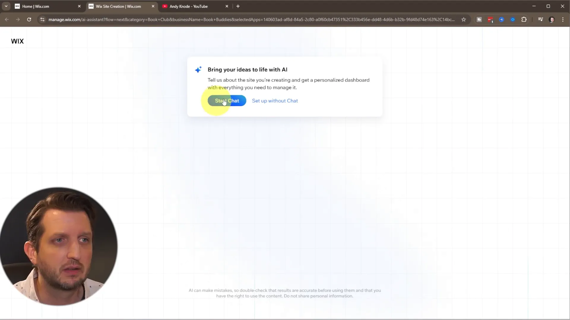 Wix AI chat assistant asking about website purpose