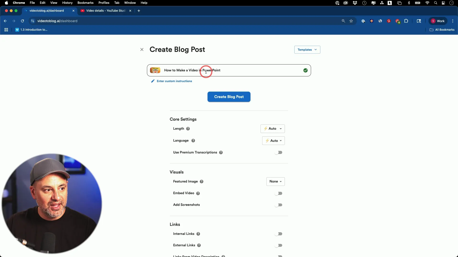 Pasting YouTube video link into Video to Blog tool