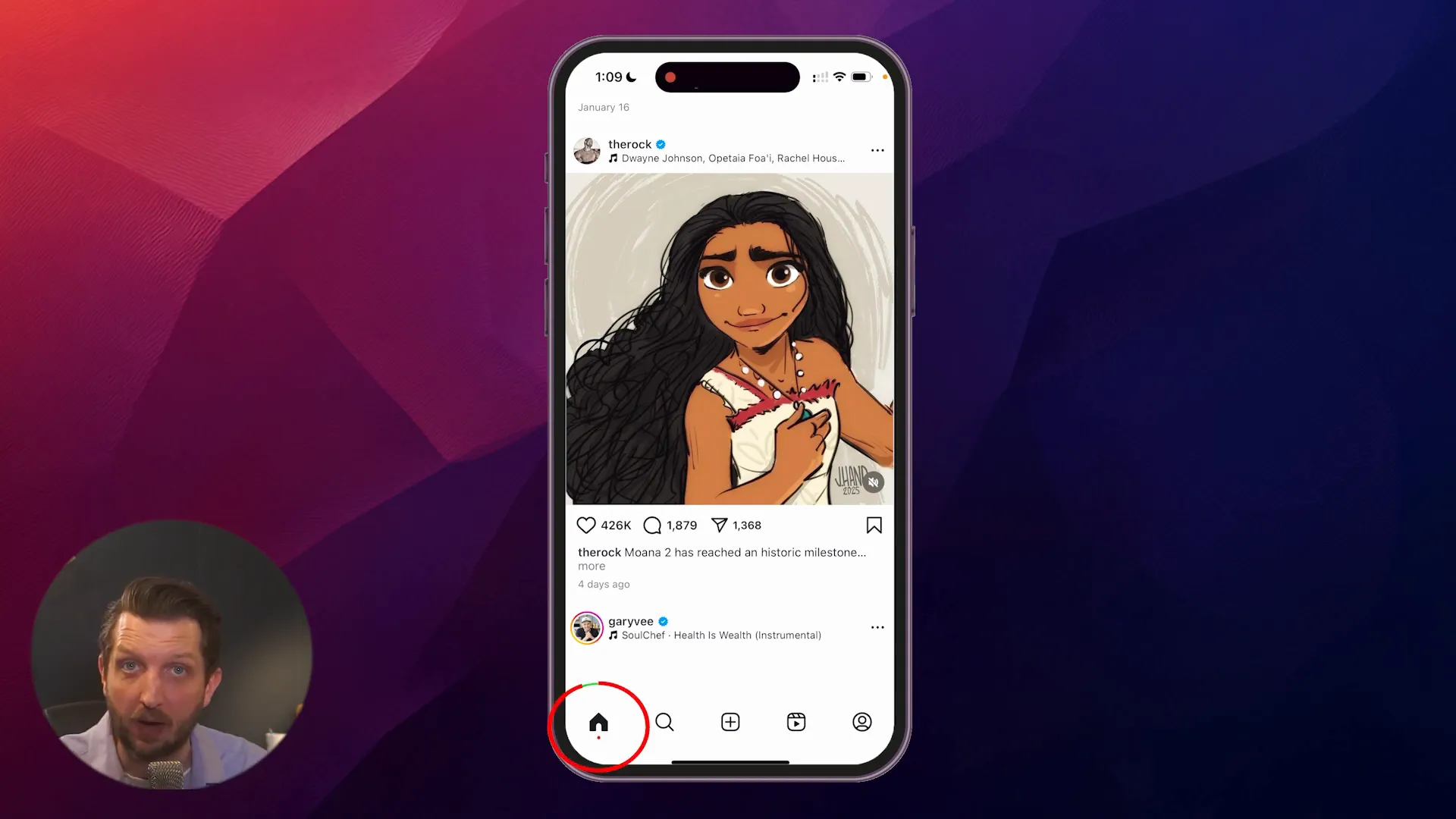 Instagram home feed with posts and interaction icons
