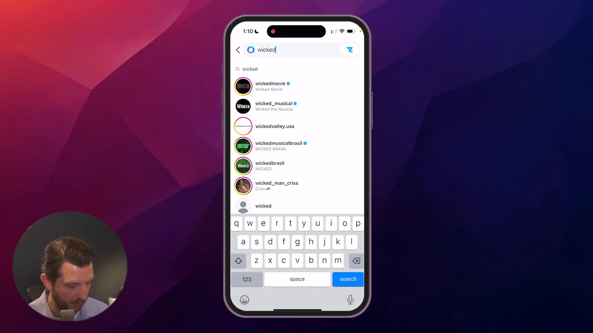 Instagram search interface showing results for Wicked