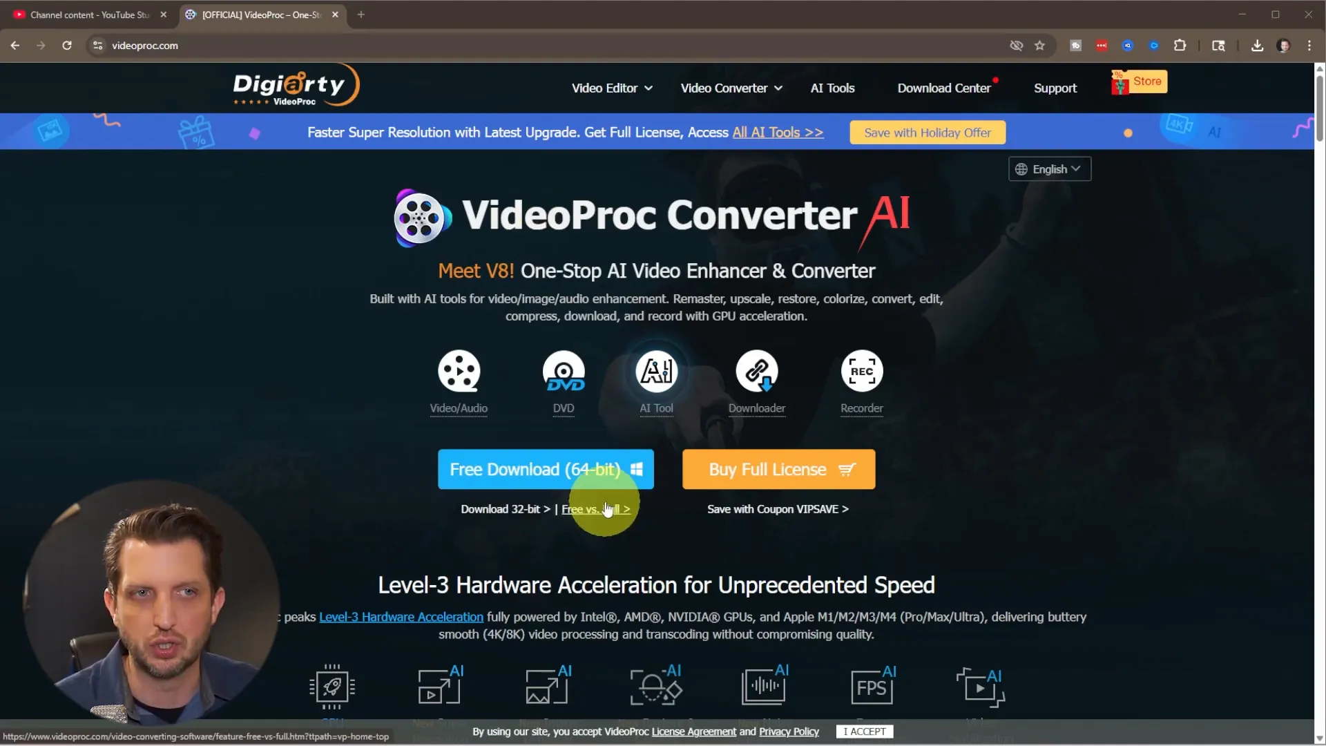 VideoProc download page showing free and full versions