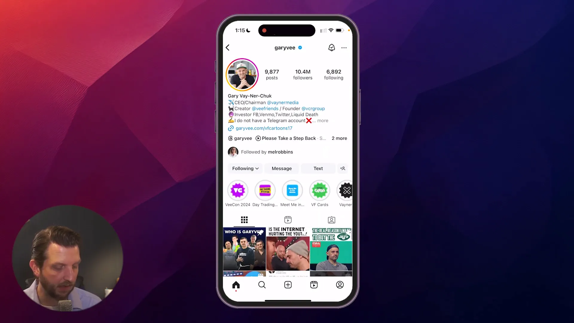 Gary Vaynerchuk's Instagram profile showing posts and follower count