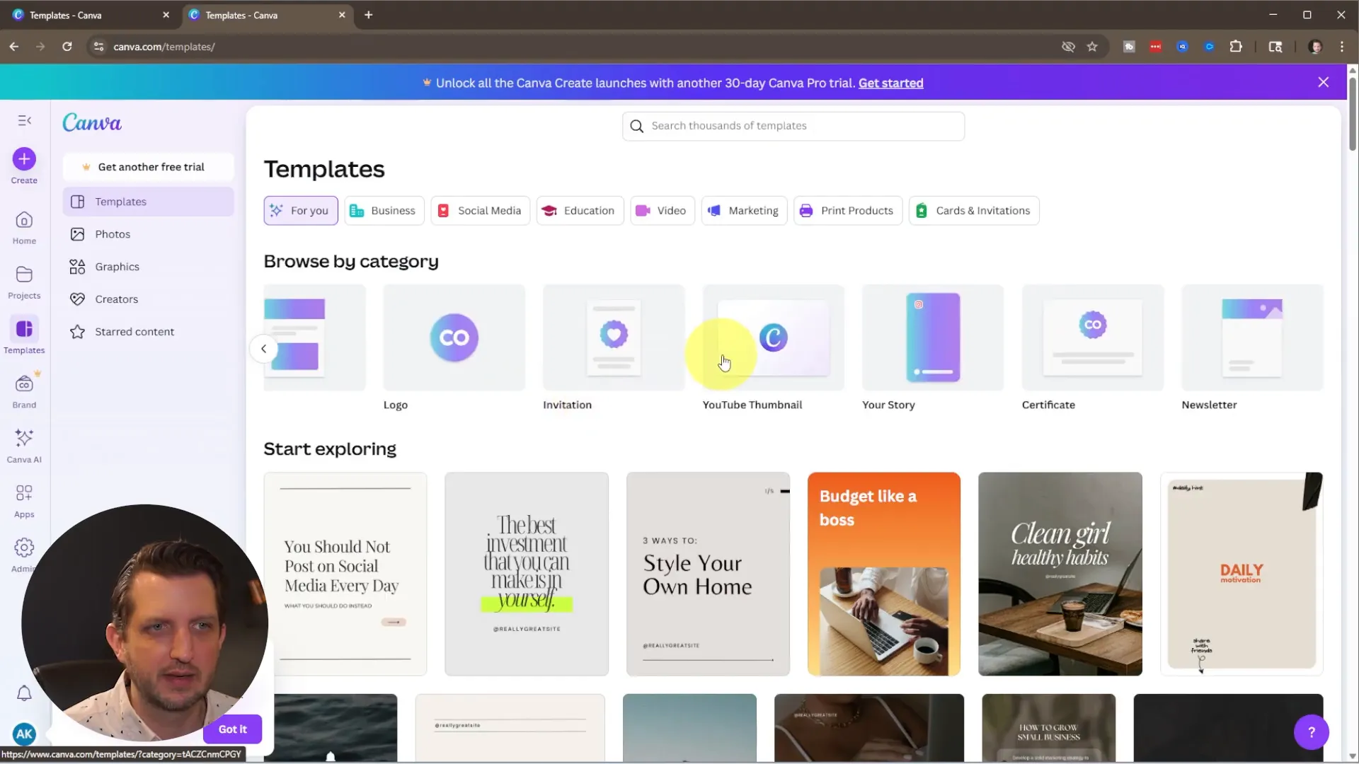 Canva templates sidebar with many options
