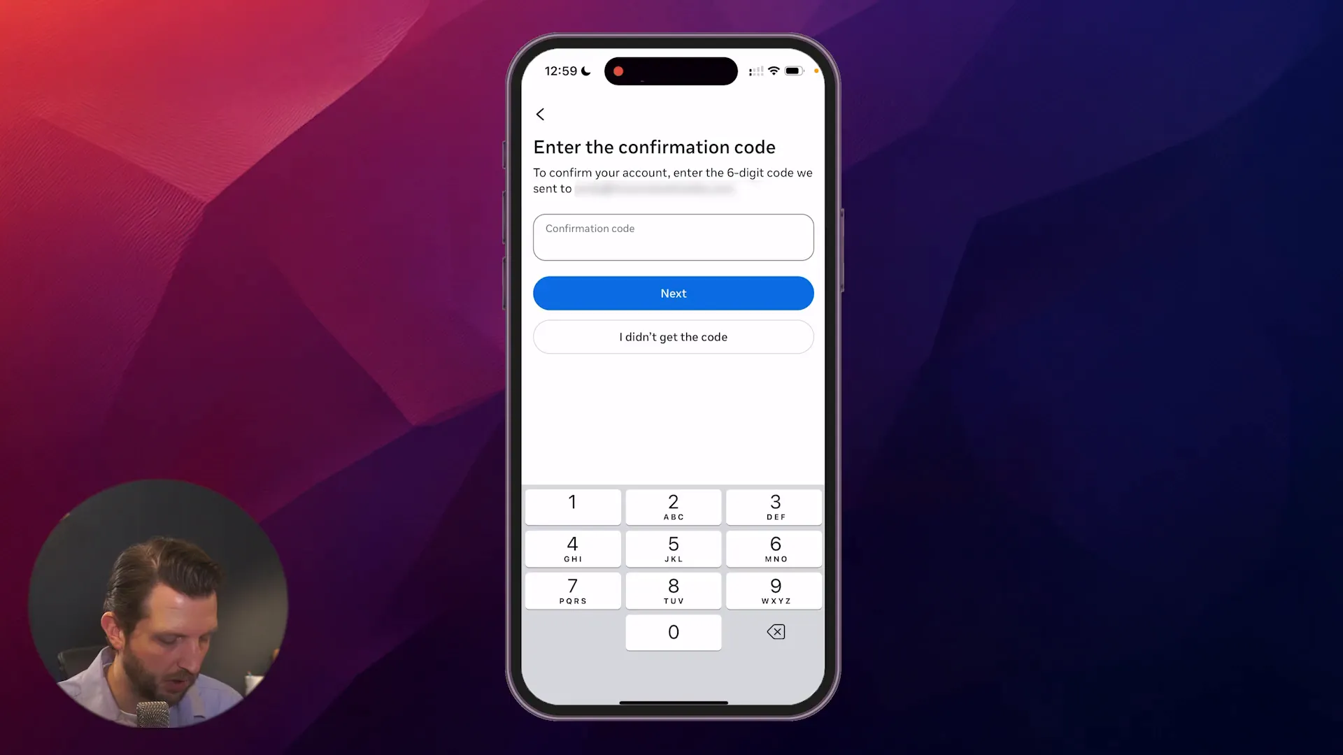 Instagram account creation screen with confirmation code entry