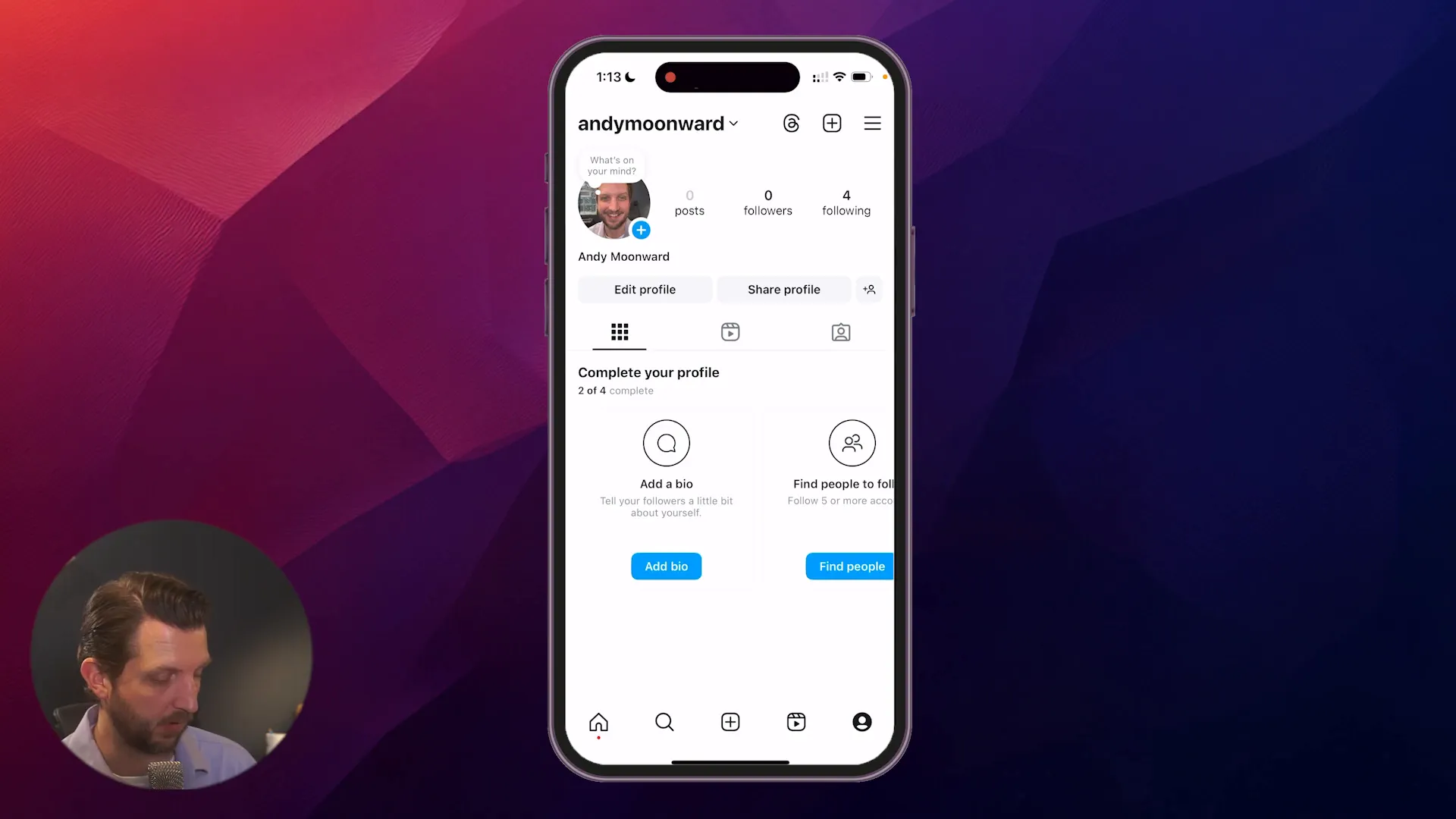 Instagram profile page with stats and editing options