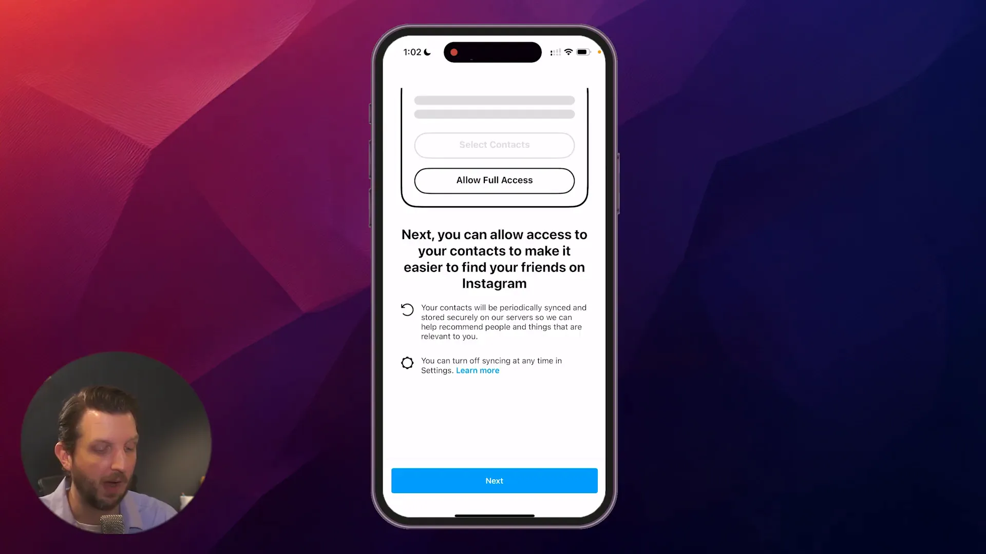 Instagram prompt to access contacts for friend suggestions