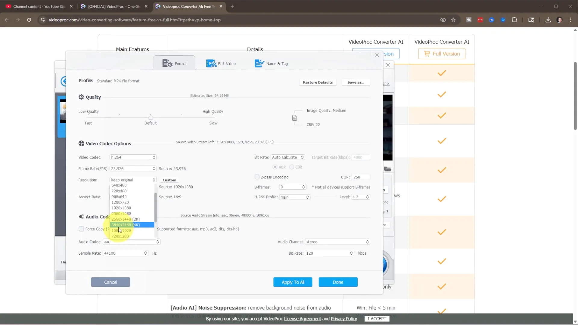 Selecting 4K resolution option in VideoProc