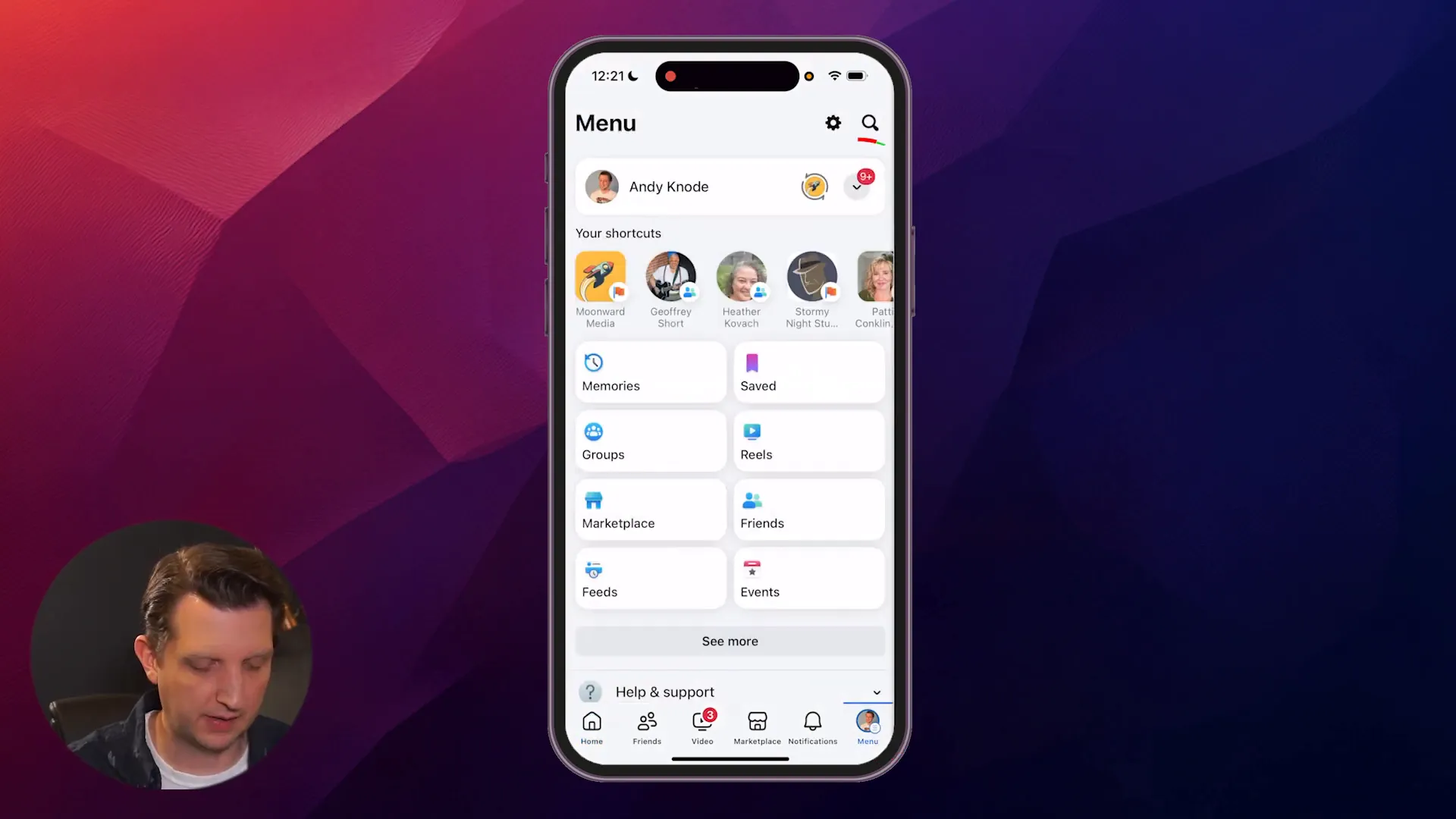 Facebook app menu on iPhone with page selection at top