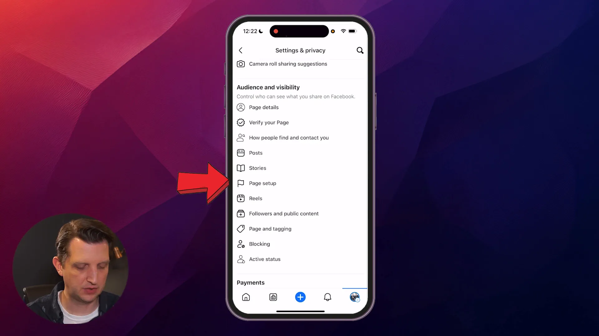 Page setup option in Facebook settings