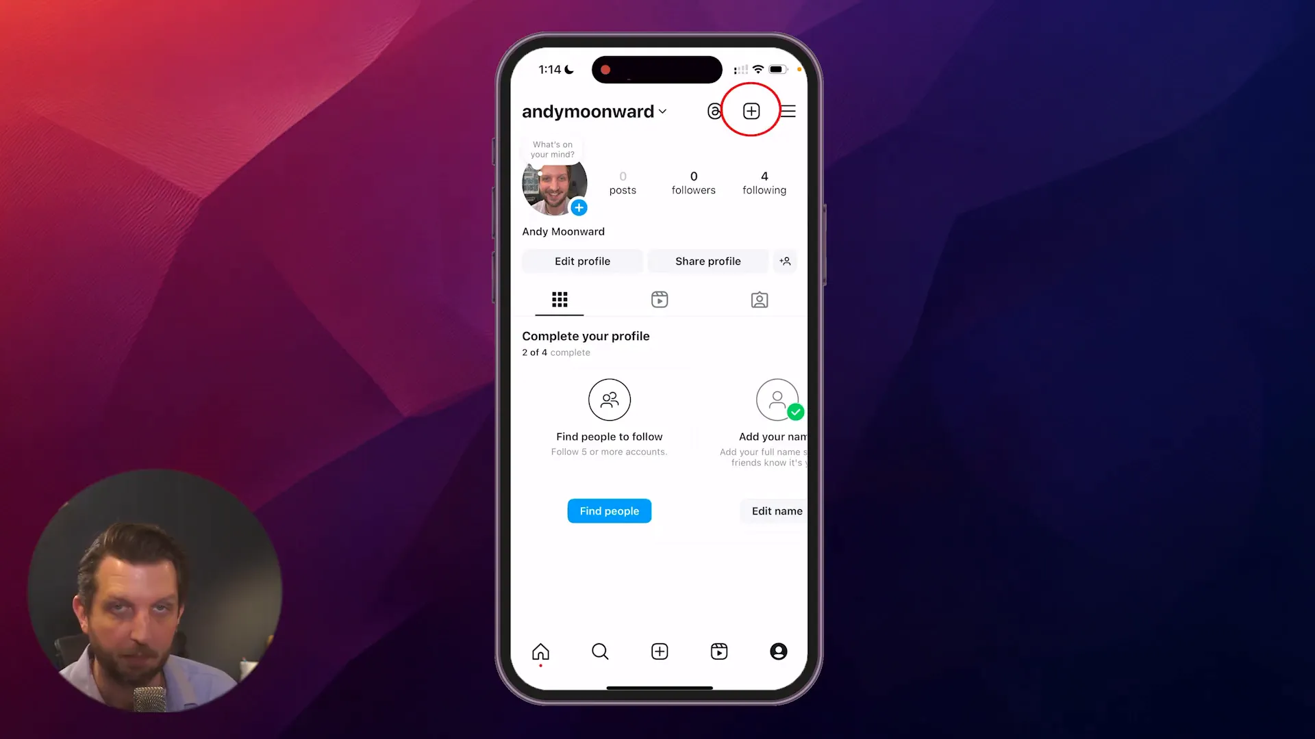 Instagram profile with plus button to add new posts