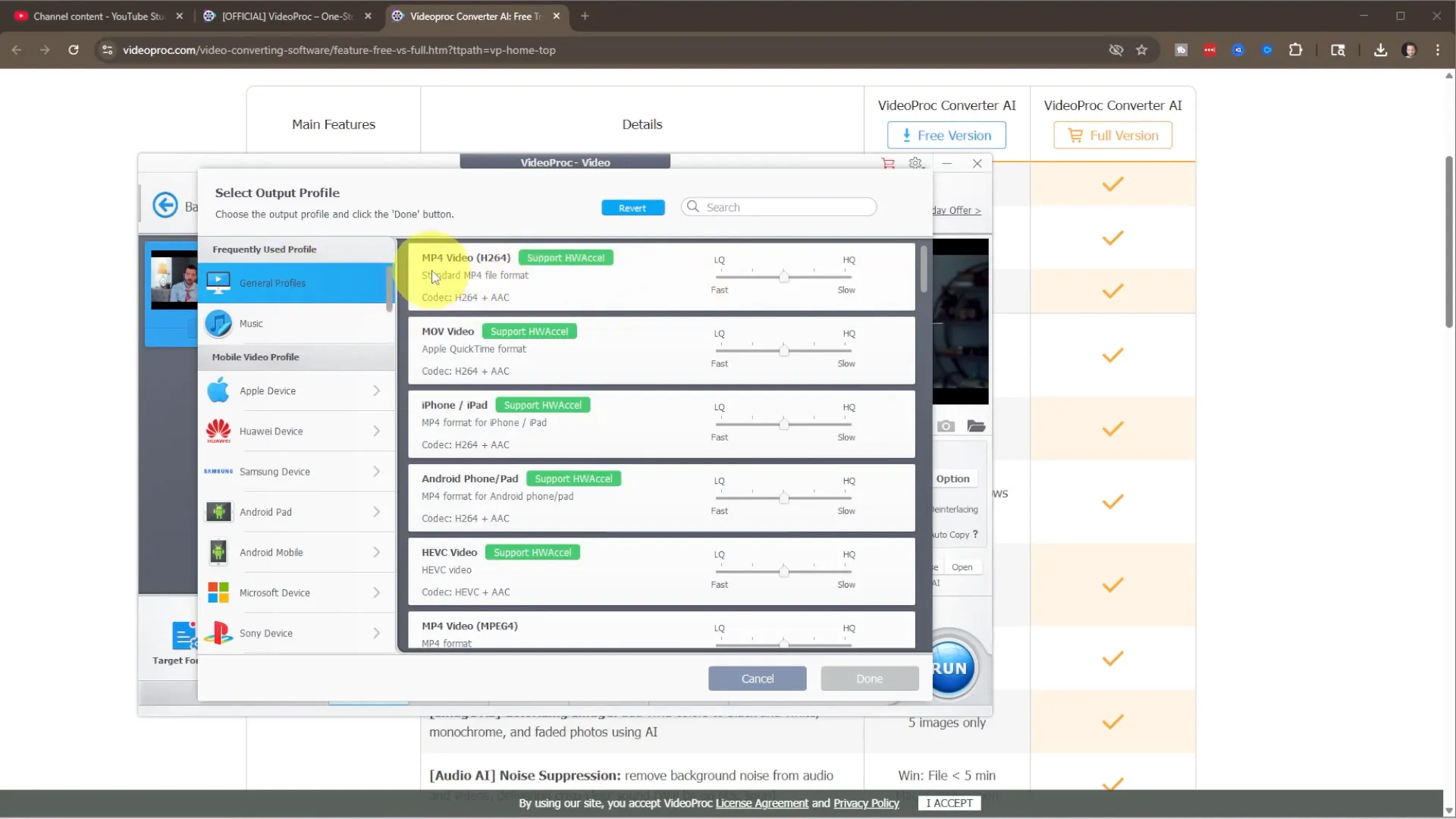 Selecting MP4 H.264 format in VideoProc