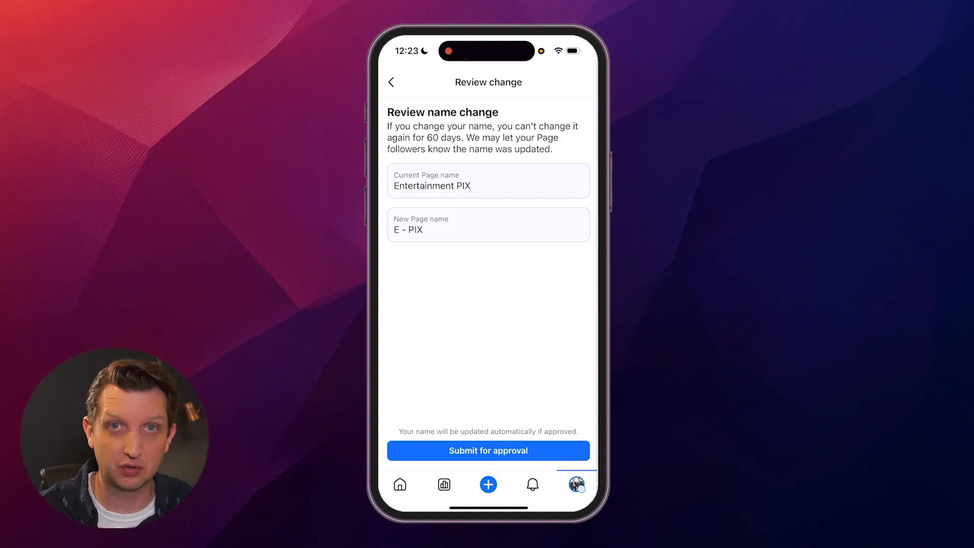 Review changes screen showing current and new Facebook page names