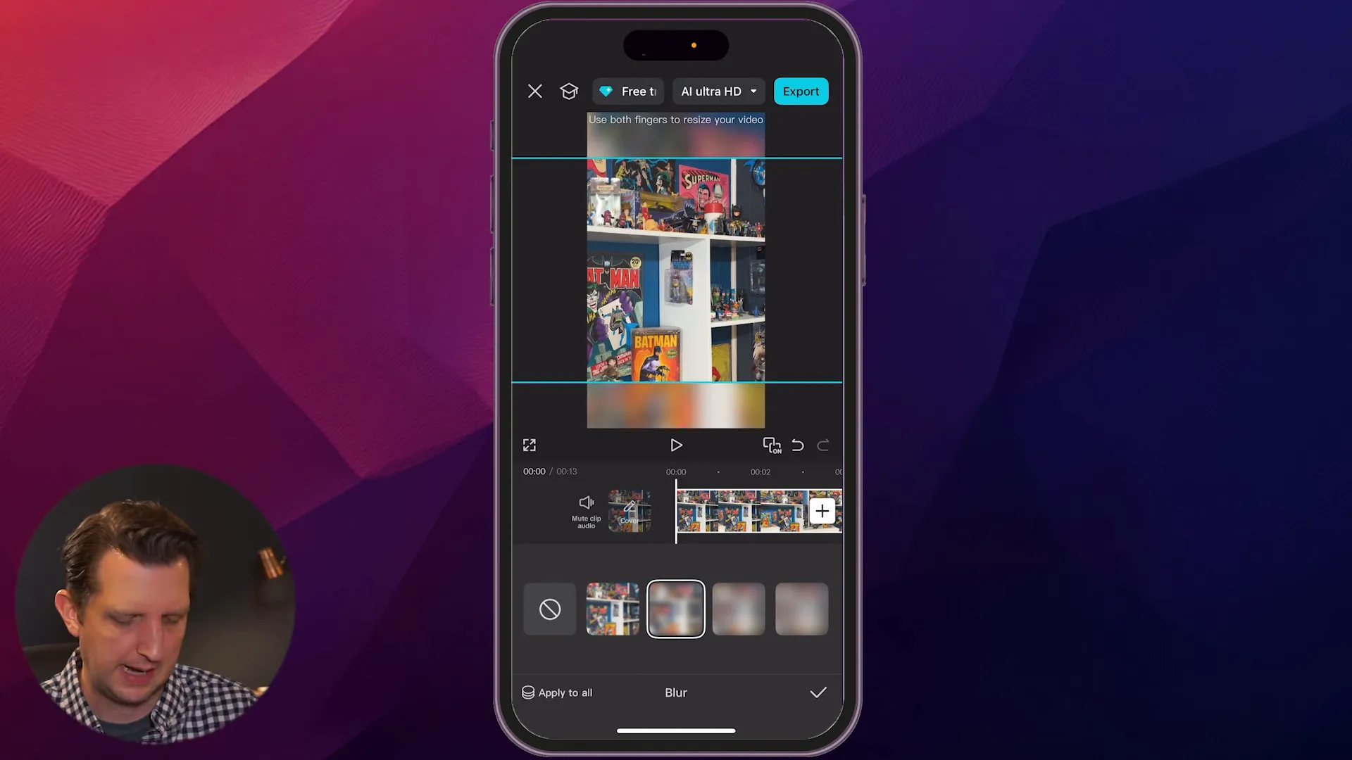 Video selected with bounding box; pinch to zoom and move