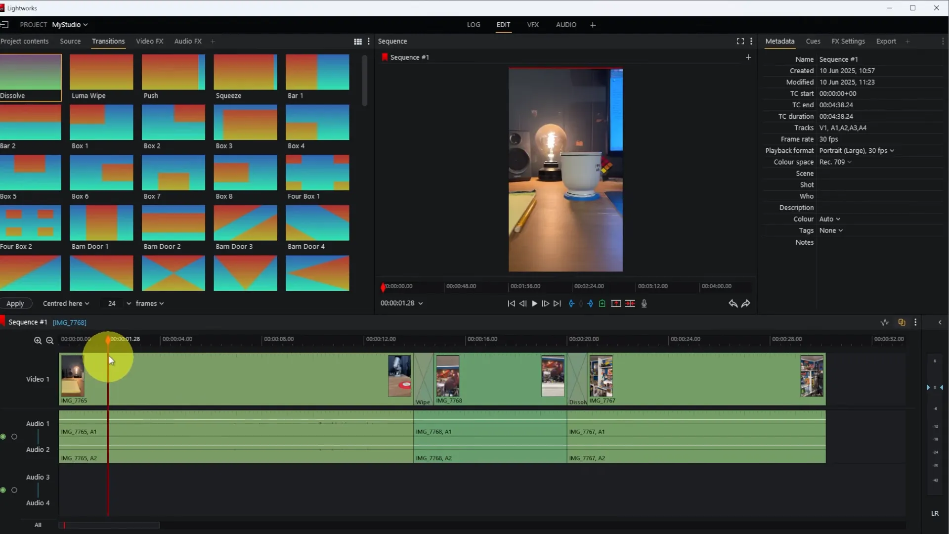 Clips arranged in the Lightworks timeline with video on top and audio below
