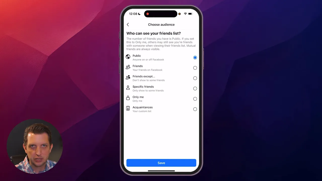 The 'Who can see your friends list' menu with visibility options