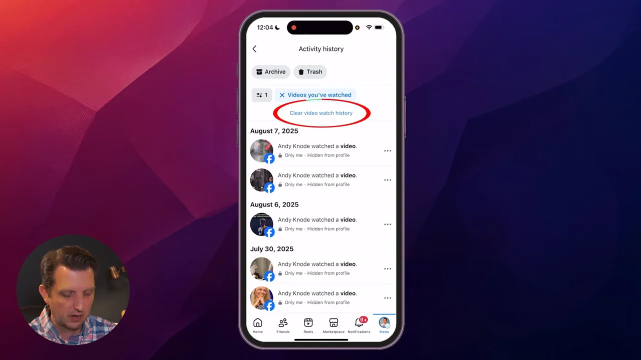 Option to clear video watch history or delete individual videos