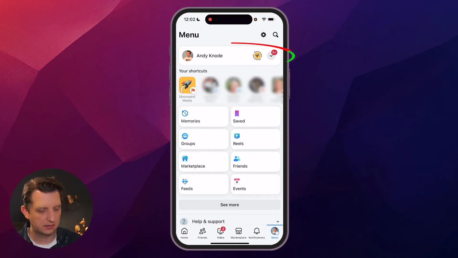 Facebook mobile menu button bottom right