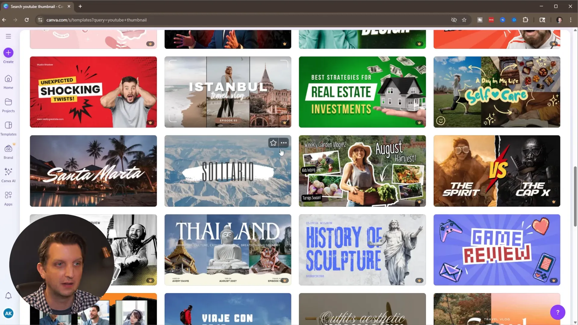 Searching for YouTube thumbnail templates in Canva