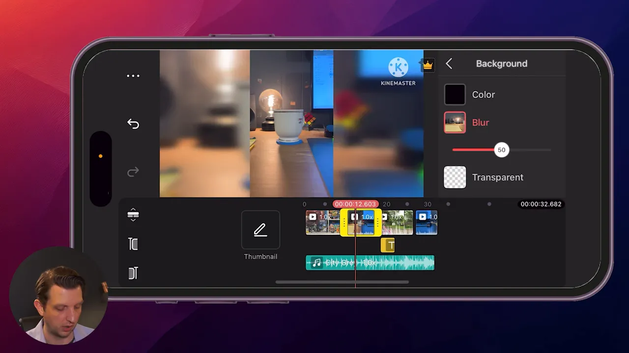 Applying blurred background to vertical clip in KineMaster