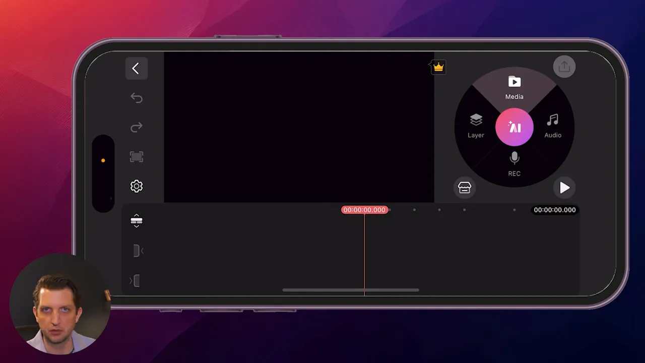 KineMaster circular menu, preview window, and timeline in the editor