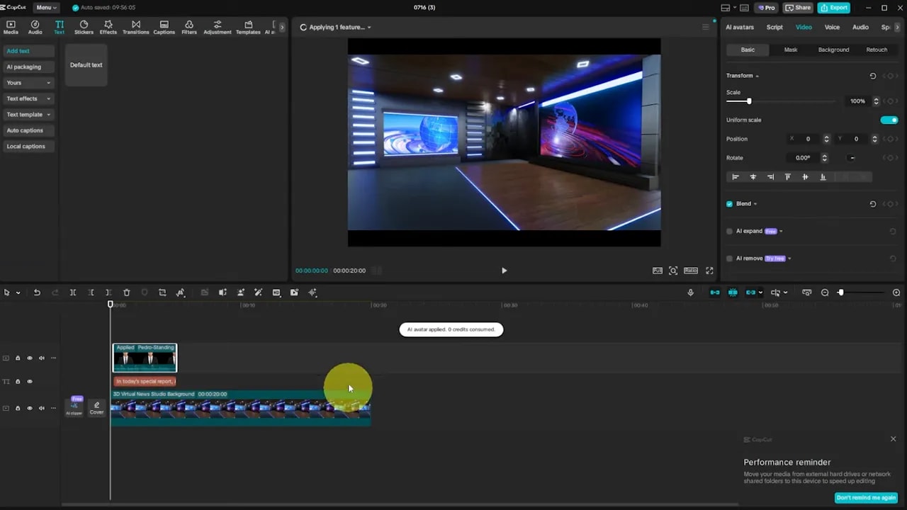 CapCut interface with a virtual news studio in the preview, timeline with a small avatar clip and an 'AI avatar applied' notification.