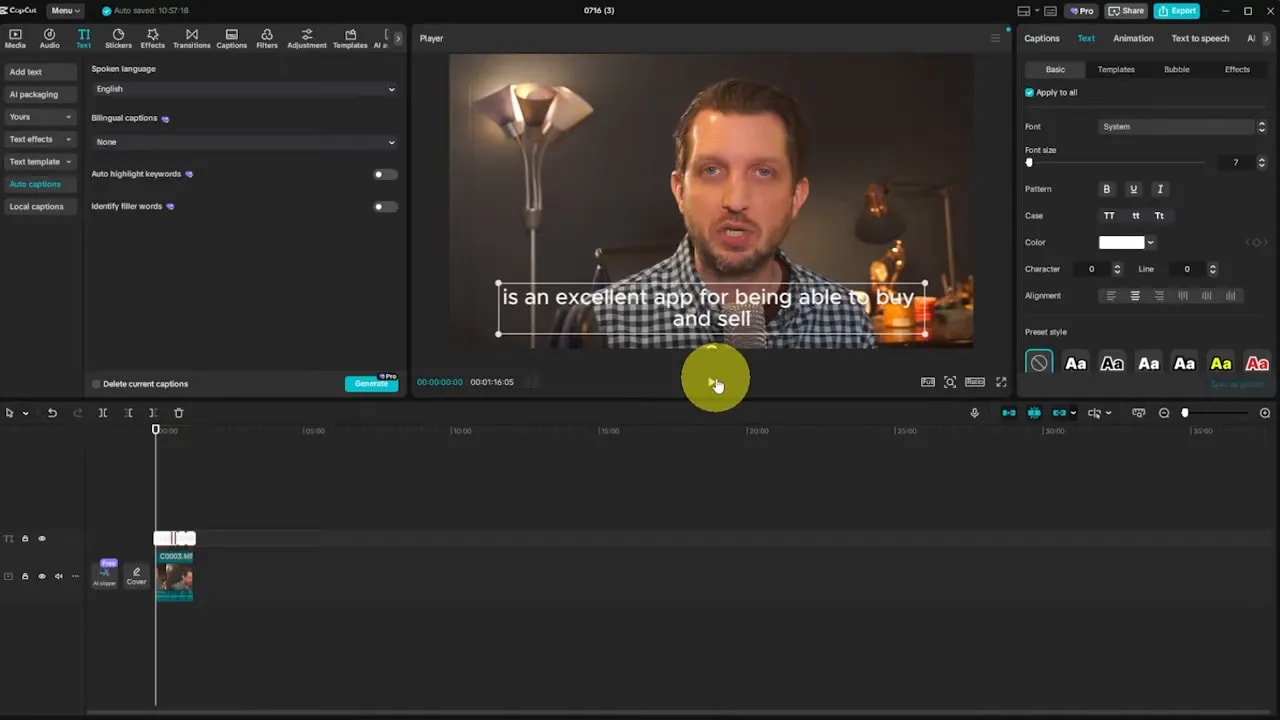 CapCut editor with auto-generated captions visible on the preview video and caption edit box active.