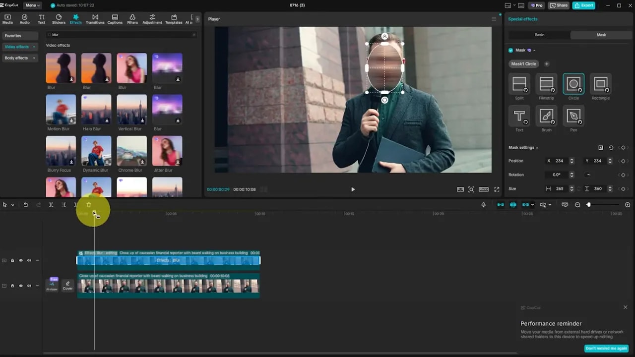 CapCut editor showing a circular mask applied over a subject's face with the Mask (Circle) option selected and mask settings visible.