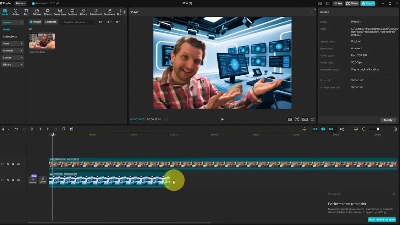 CapCut preview showing a subject composited into an AI-generated virtual studio background, with two stacked tracks on the timeline and the project details panel visible.