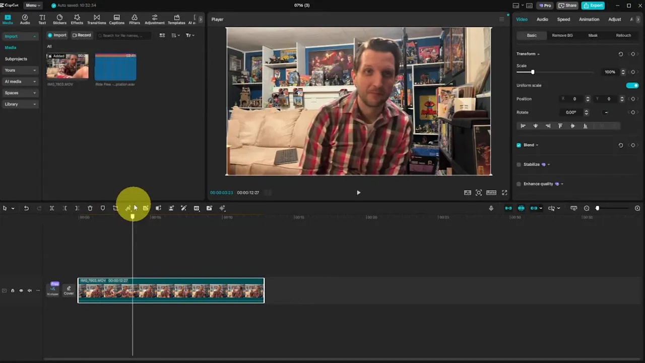 CapCut editor showing the preview window, a centered playhead on the timeline, and toolbar icons above the timeline useful for cuts and navigation.
