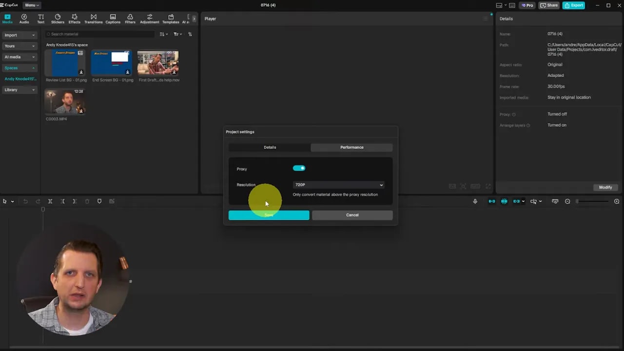 CapCut Project Settings window centered on screen with Proxy turned on and Resolution set to 720P, Save and Cancel buttons visible.