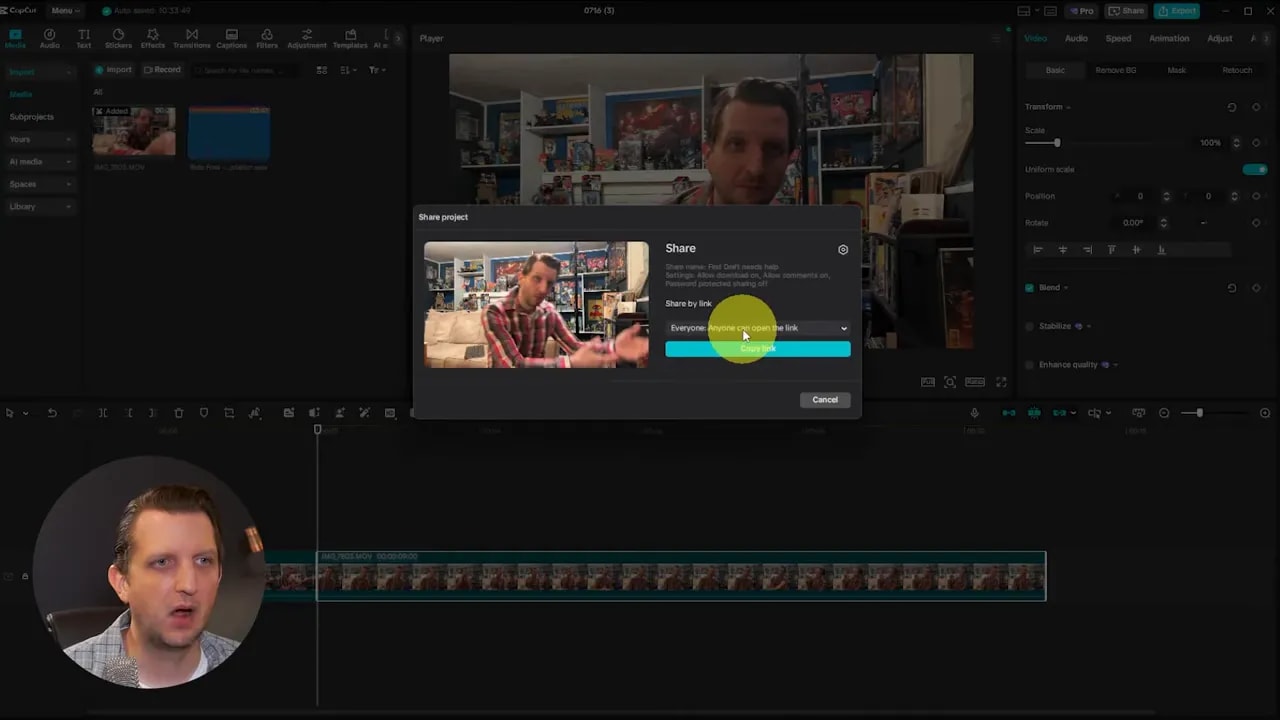 CapCut 'Share project' dialog showing the Share panel with a highlighted 'Copy link' button ready to copy the project sharing link.