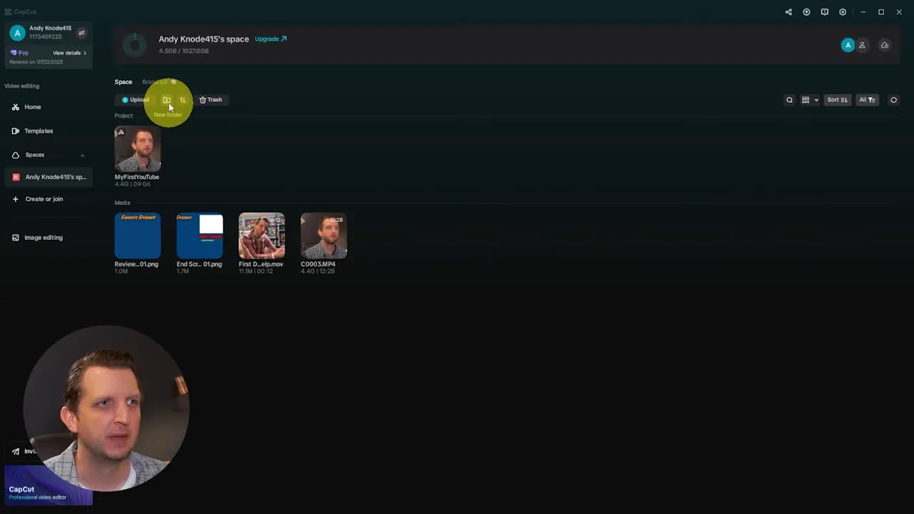 CapCut Spaces screen showing 'Brand kit', an Upload button and media thumbnails for organizing brand assets
