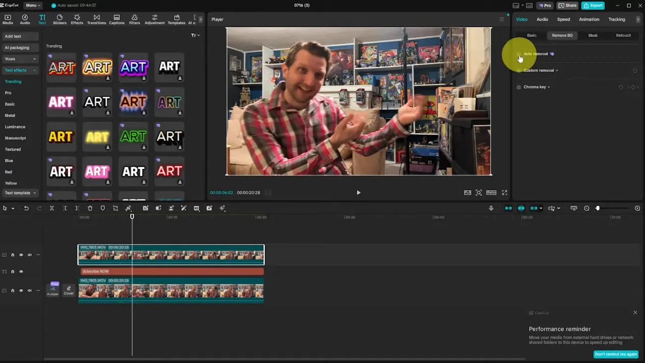 CapCut timeline showing two stacked video tracks, a text layer, the preview window with the subject, and the Auto removal background tool highlighted on the right.